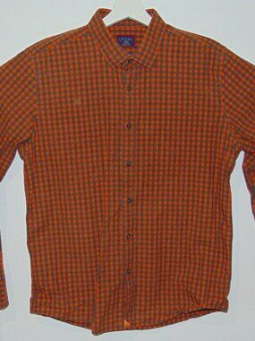 Untuckit Long Sleeve Mens Shirt Large Orange Check Cotton Plaid Slim Fit